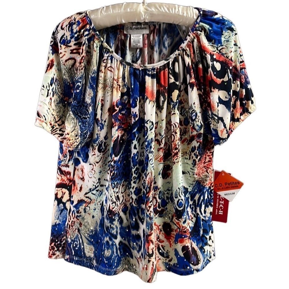 C.D. Petites Ladies Scoop Neck Sequins Blouse, Size PM Petite Medium,Multicolor